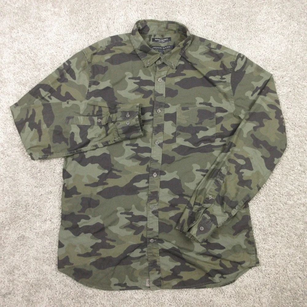 Banana Republic Shirt Mens Large Green Camouflage Luxe Flannel Slim‎ Button Up